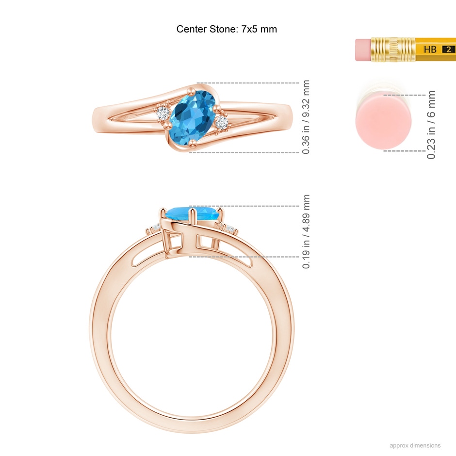 7x5mm AAA Swiss Blue Topaz and Diamond Split Shank Ring in Rose Gold ruler