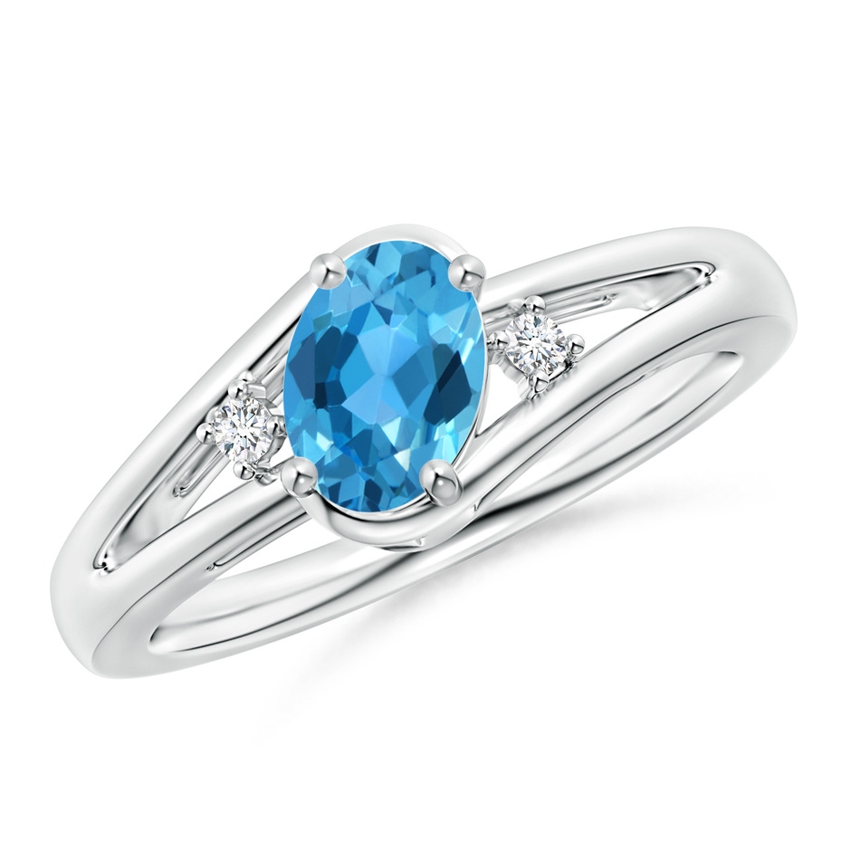 7x5mm AAA Swiss Blue Topaz and Diamond Split Shank Ring in White Gold 