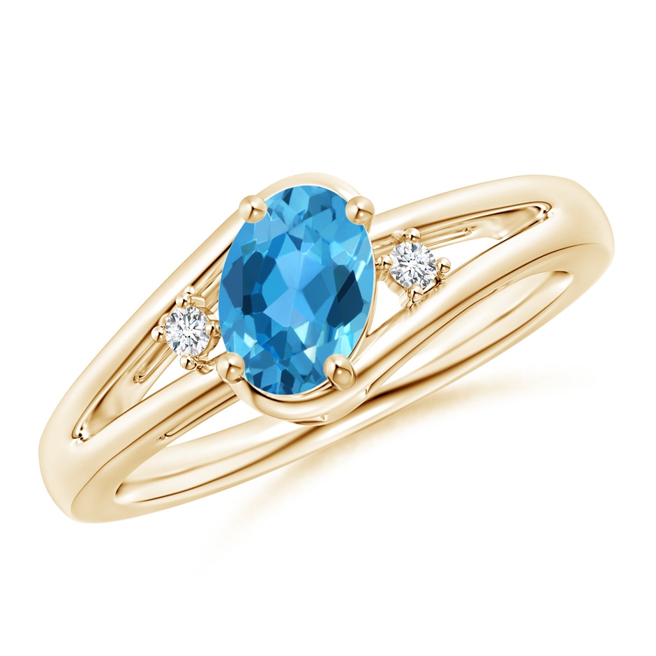 7x5mm AAA Swiss Blue Topaz and Diamond Split Shank Ring in Yellow Gold 