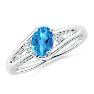 7x5mm AAAA Swiss Blue Topaz and Diamond Split Shank Ring in P950 Platinum