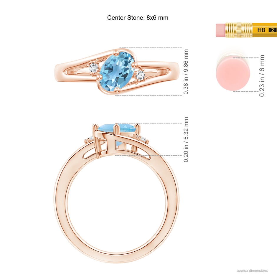 8x6mm A Swiss Blue Topaz and Diamond Split Shank Ring in Rose Gold ruler