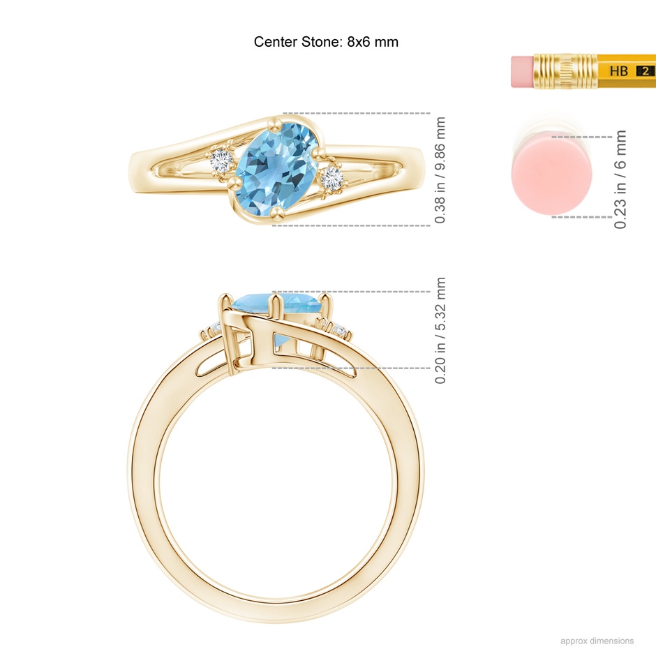 8x6mm A Swiss Blue Topaz and Diamond Split Shank Ring in Yellow Gold ruler