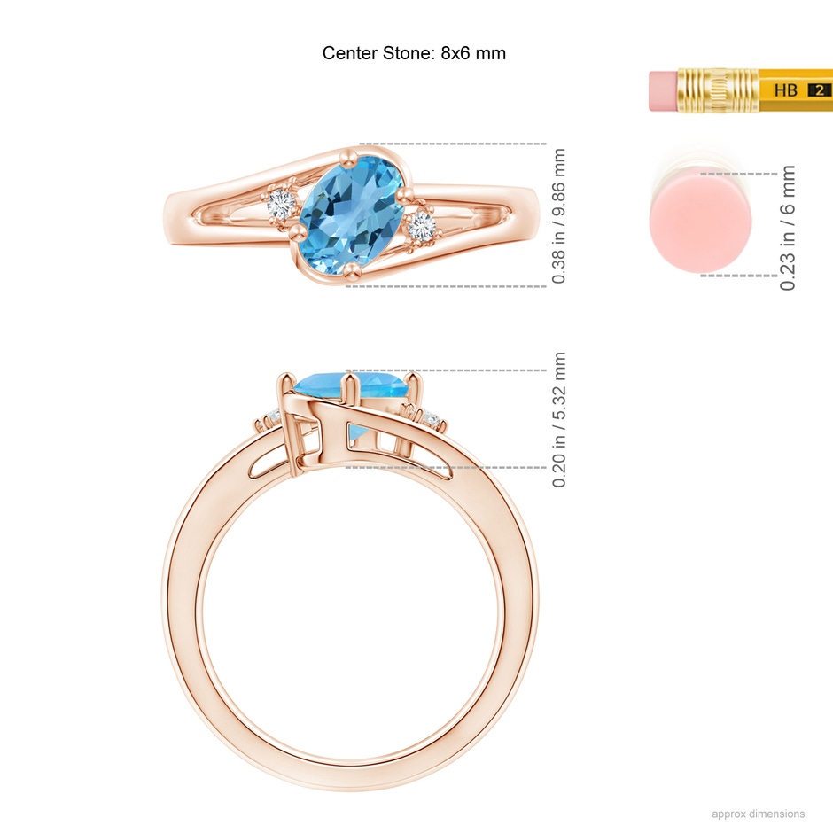 8x6mm AA Swiss Blue Topaz and Diamond Split Shank Ring in Rose Gold ruler