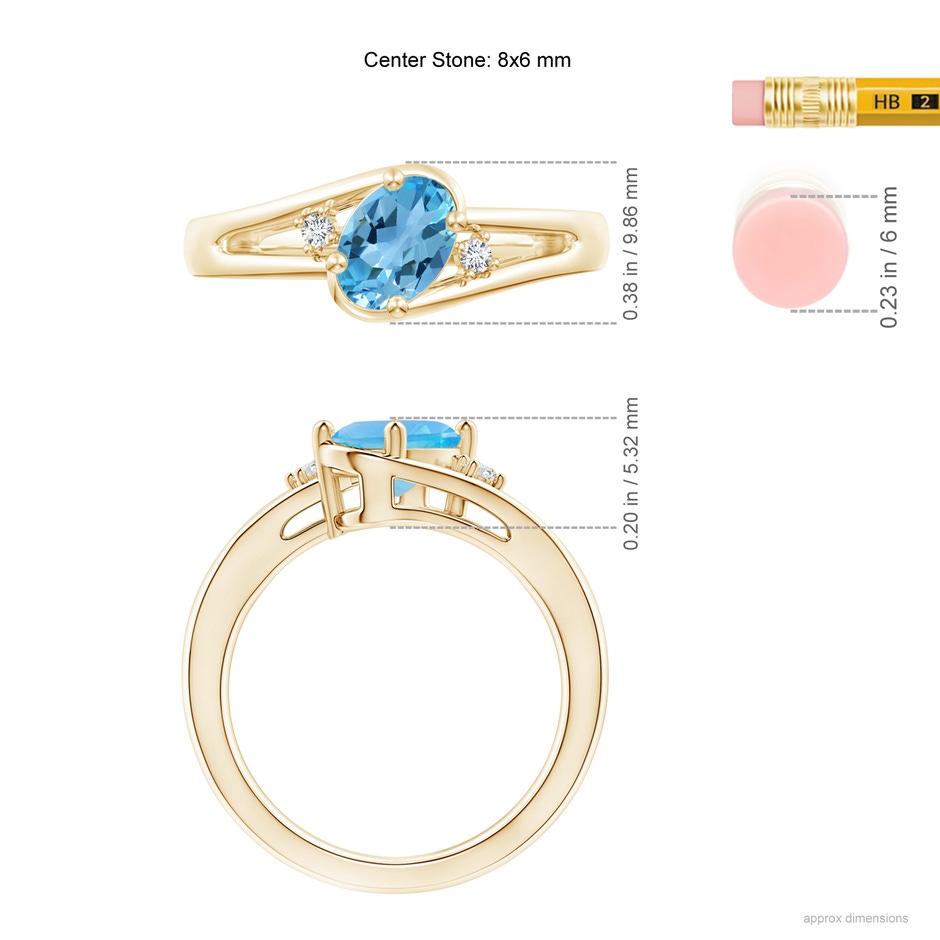 8x6mm AA Swiss Blue Topaz and Diamond Split Shank Ring in Yellow Gold ruler