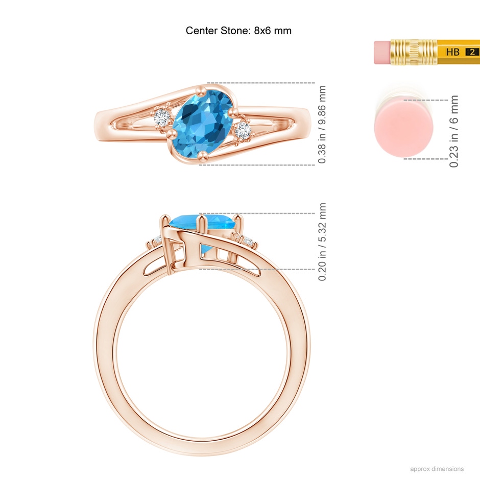 8x6mm AAA Swiss Blue Topaz and Diamond Split Shank Ring in Rose Gold ruler