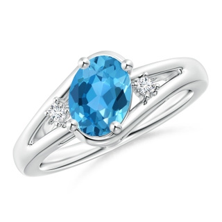 8x6mm AAA Swiss Blue Topaz and Diamond Split Shank Ring in White Gold