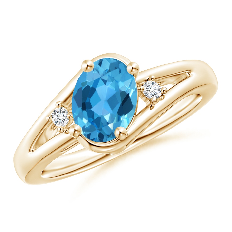 8x6mm AAA Swiss Blue Topaz and Diamond Split Shank Ring in Yellow Gold 