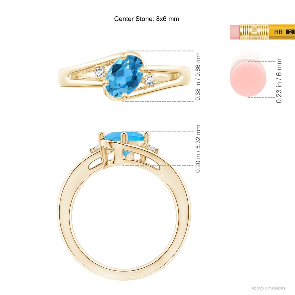 8x6mm AAA Swiss Blue Topaz and Diamond Split Shank Ring in Yellow Gold ruler