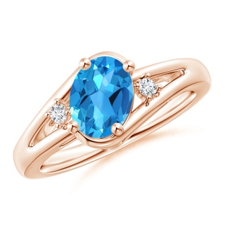 8x6mm AAAA Swiss Blue Topaz and Diamond Split Shank Ring in Rose Gold