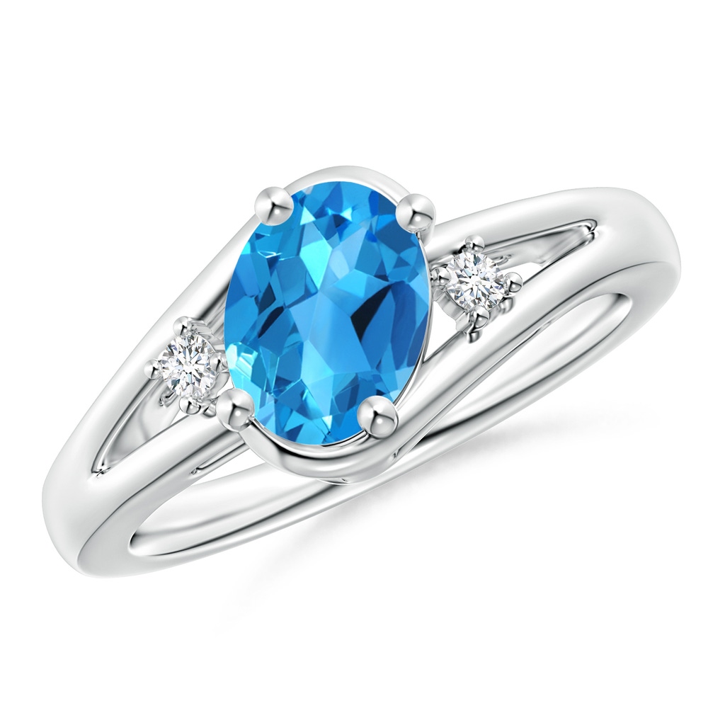 8x6mm AAAA Swiss Blue Topaz and Diamond Split Shank Ring in White Gold