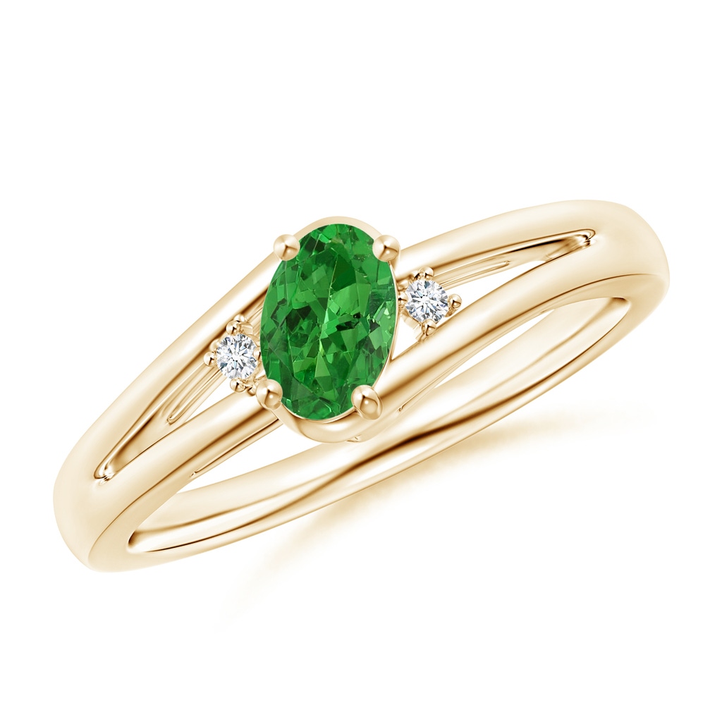 6x4mm AAAA Tsavorite and Diamond Split Shank Ring in Yellow Gold