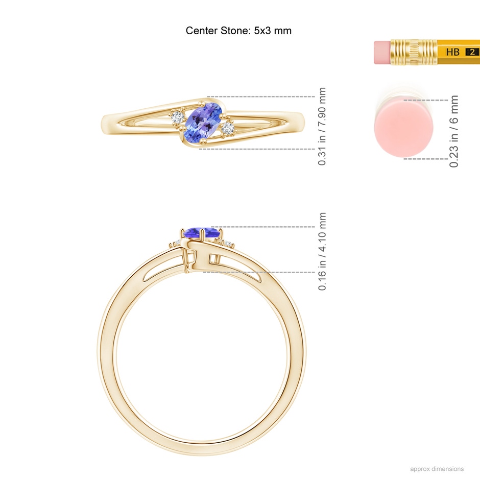 5x3mm AAA Tanzanite and Diamond Split Shank Ring in Yellow Gold ruler