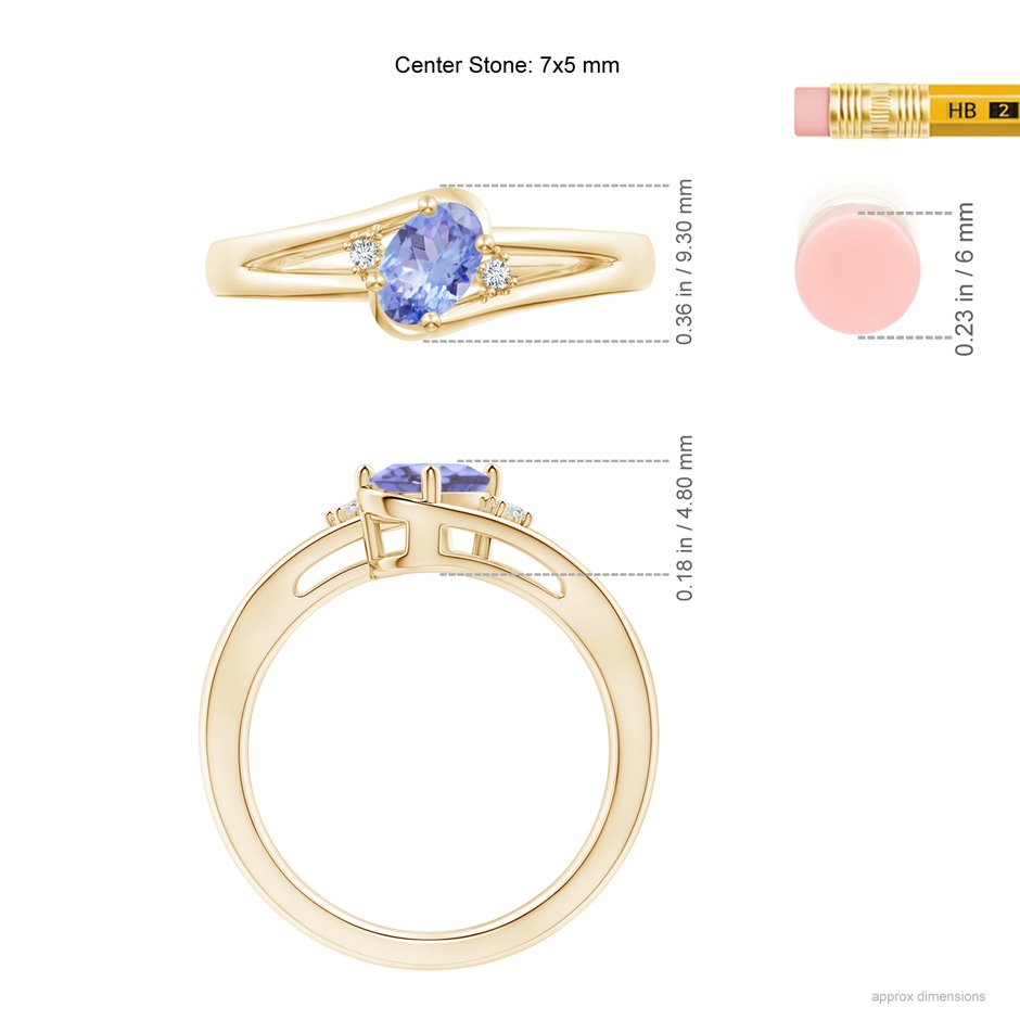 7x5mm A Tanzanite and Diamond Split Shank Ring in Yellow Gold ruler