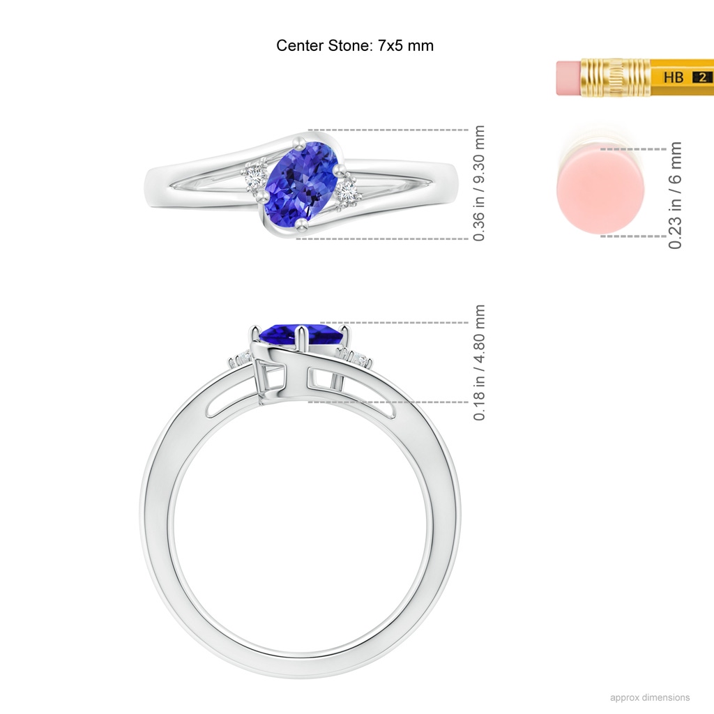7x5mm AAA Tanzanite and Diamond Split Shank Ring in White Gold Ruler