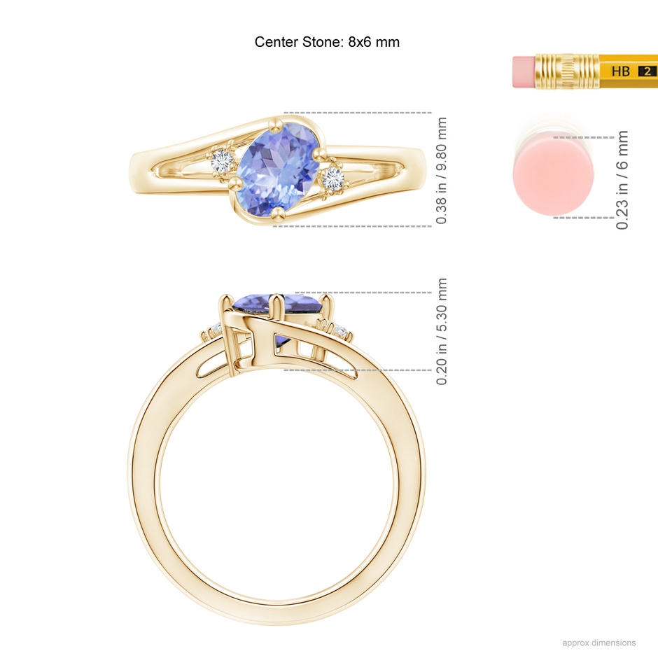 8x6mm A Tanzanite and Diamond Split Shank Ring in Yellow Gold ruler