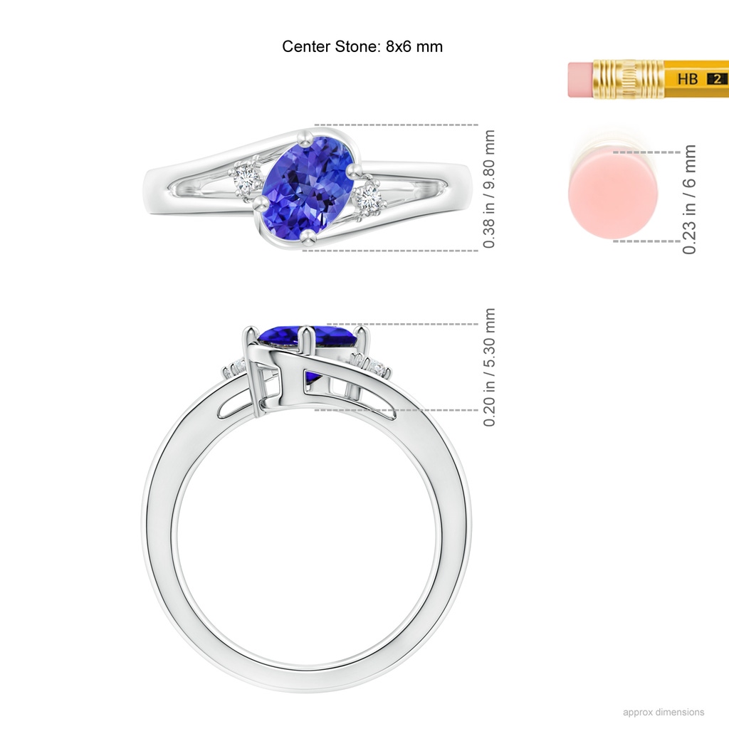 8x6mm AAA Tanzanite and Diamond Split Shank Ring in White Gold Ruler