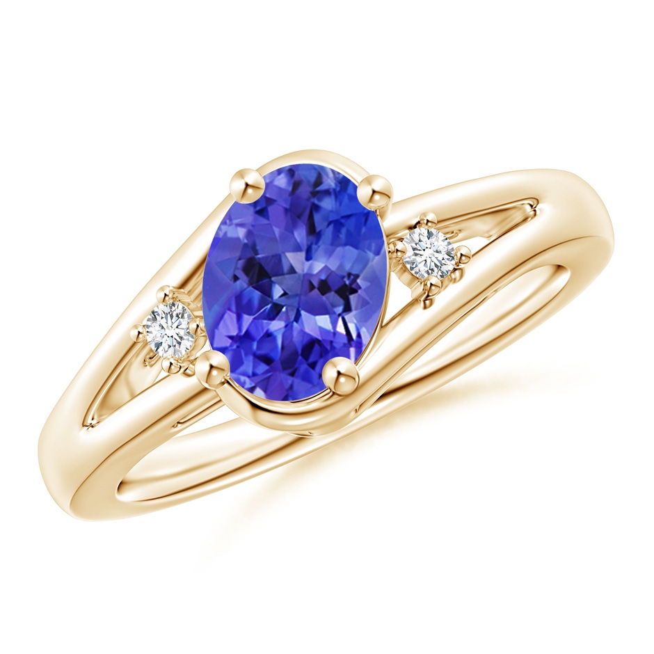8x6mm AAA Tanzanite and Diamond Split Shank Ring in Yellow Gold 
