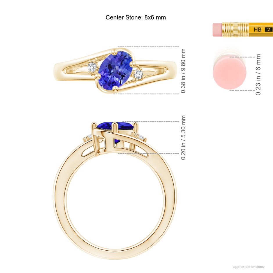 8x6mm AAA Tanzanite and Diamond Split Shank Ring in Yellow Gold ruler