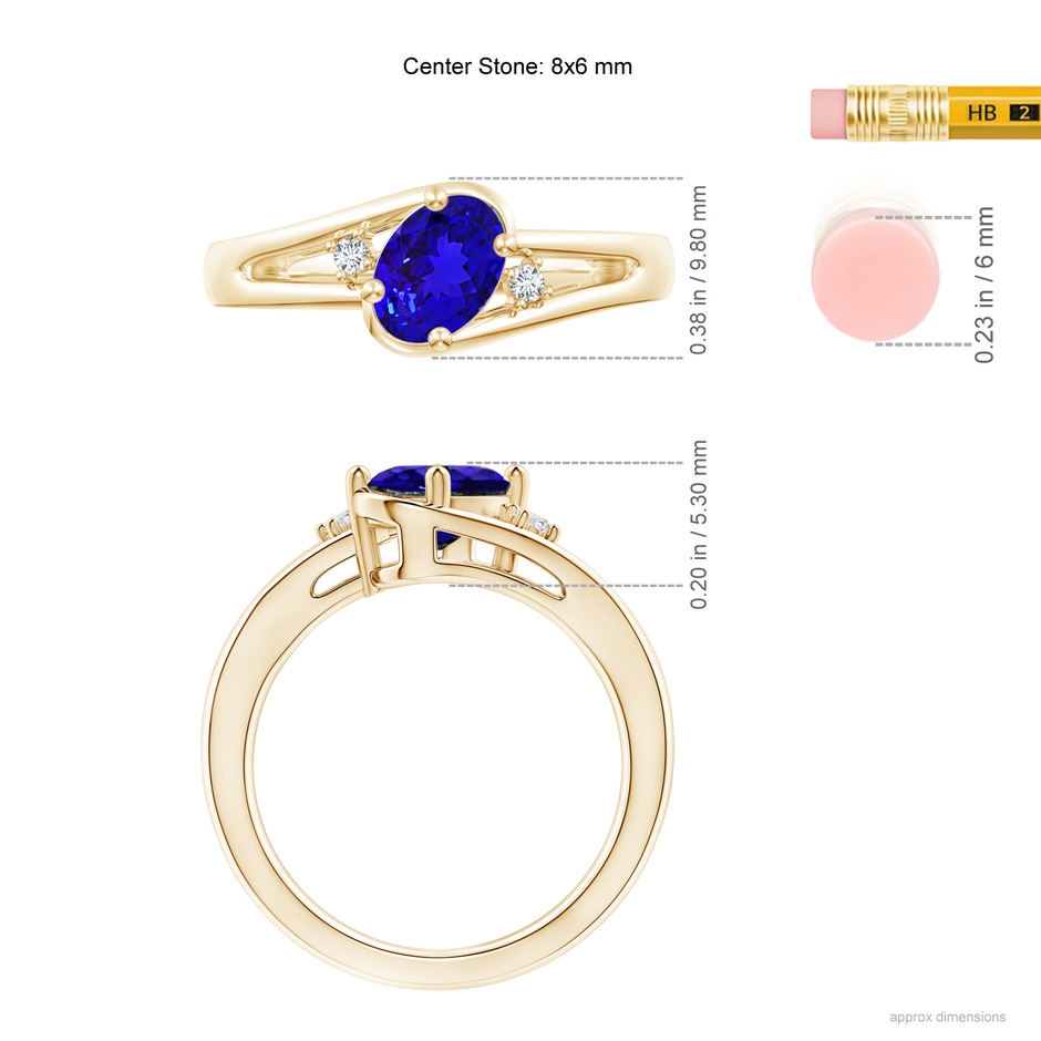 8x6mm AAAA Tanzanite and Diamond Split Shank Ring in Yellow Gold ruler