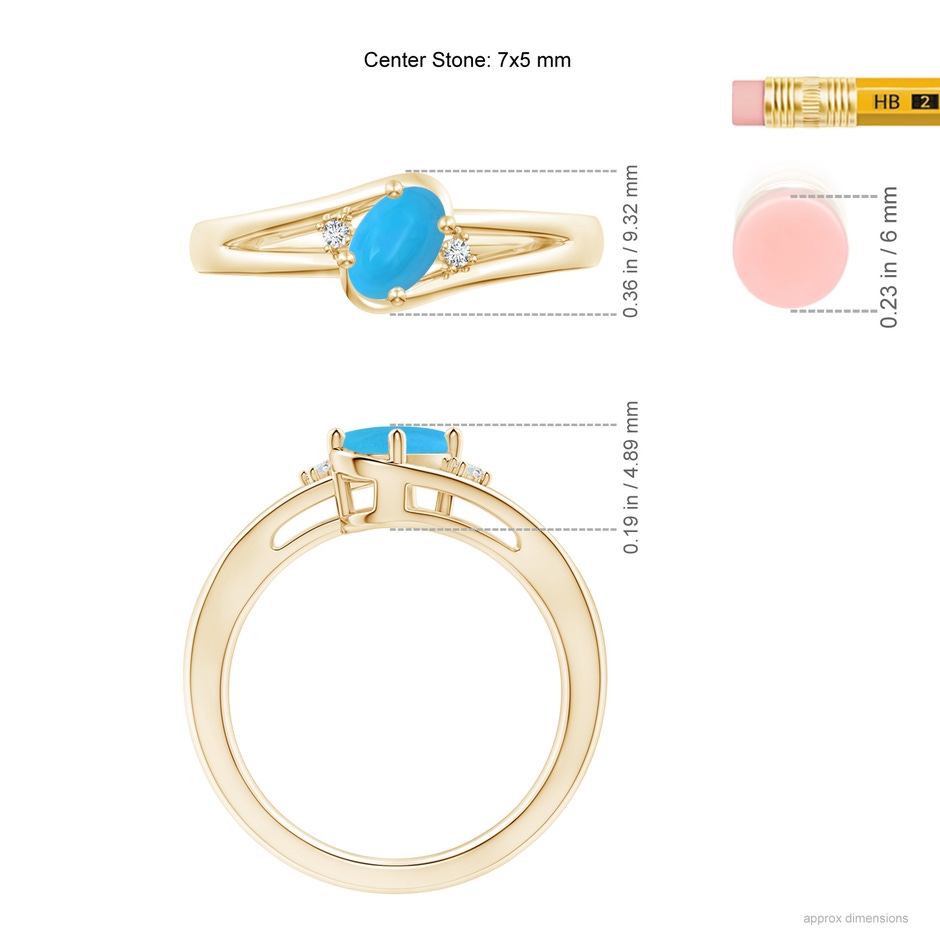 7x5mm AAAA Turquoise and Diamond Split Shank Ring in Yellow Gold ruler
