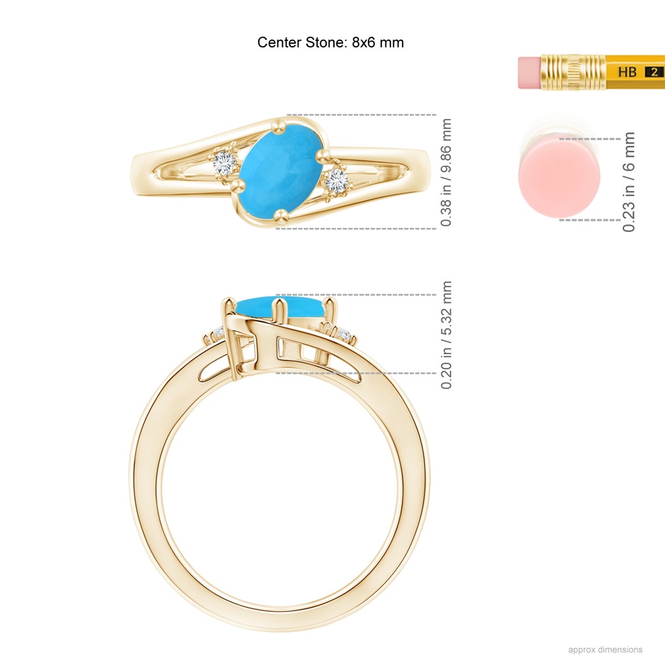 8x6mm AAA Turquoise and Diamond Split Shank Ring in Yellow Gold ruler