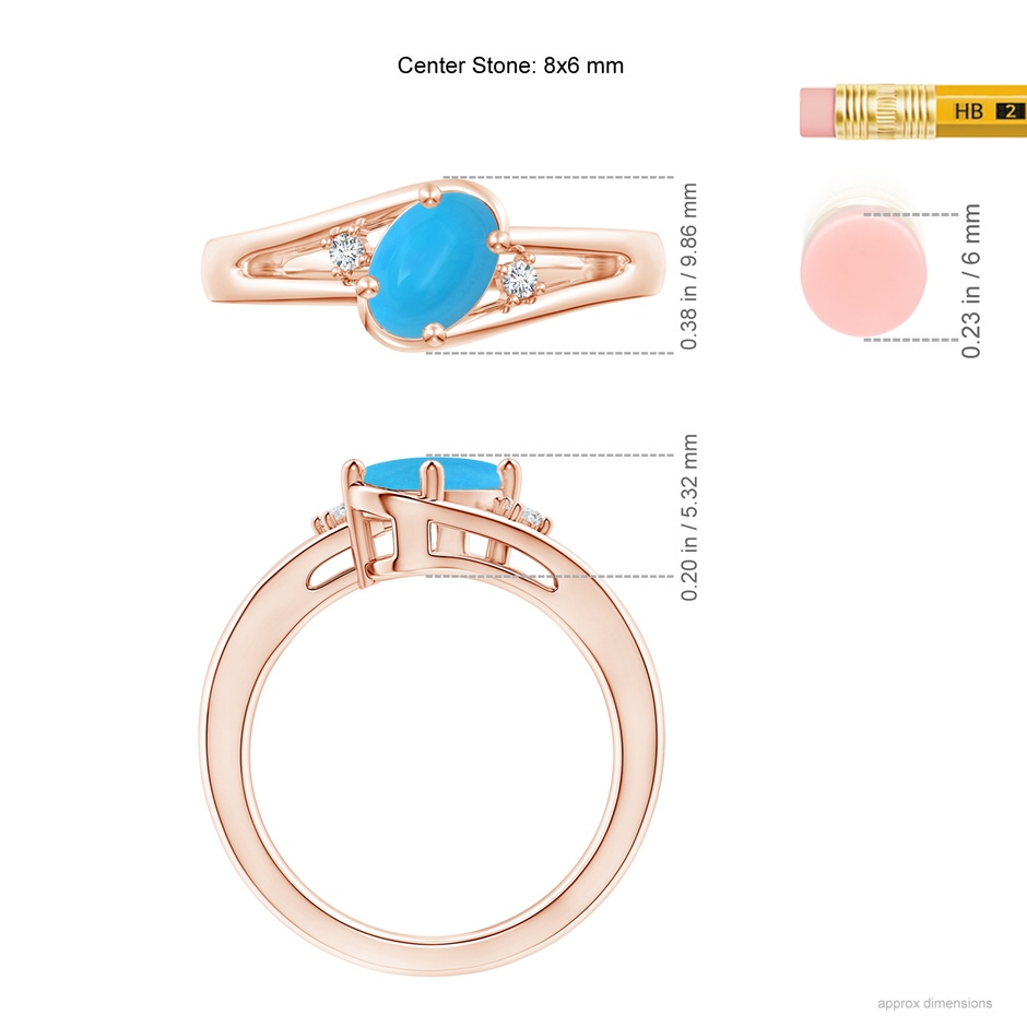 8x6mm AAAA Turquoise and Diamond Split Shank Ring in Rose Gold ruler