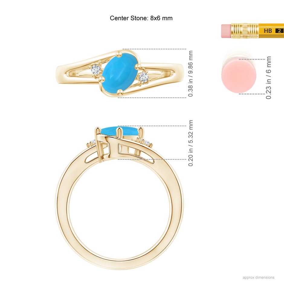 8x6mm AAAA Turquoise and Diamond Split Shank Ring in Yellow Gold ruler