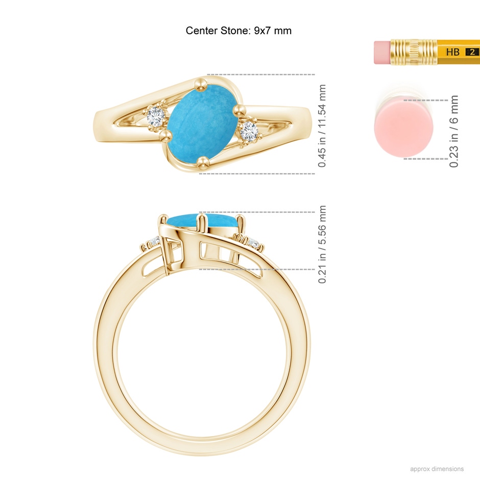 9x7mm A Turquoise and Diamond Split Shank Ring in Yellow Gold ruler