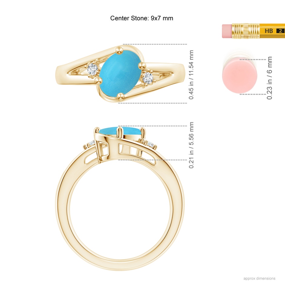 9x7mm AA Turquoise and Diamond Split Shank Ring in Yellow Gold ruler