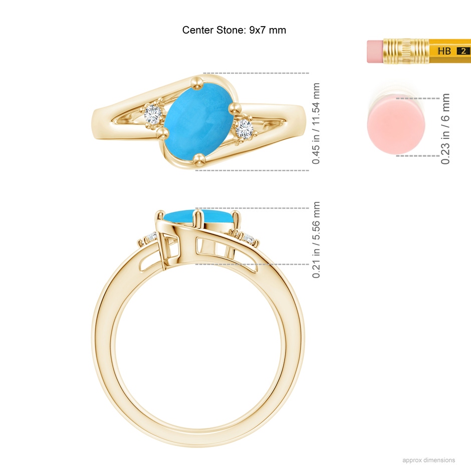 9x7mm AAA Turquoise and Diamond Split Shank Ring in Yellow Gold ruler