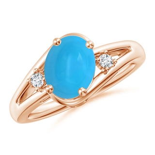 9x7mm AAAA Turquoise and Diamond Split Shank Ring in Rose Gold