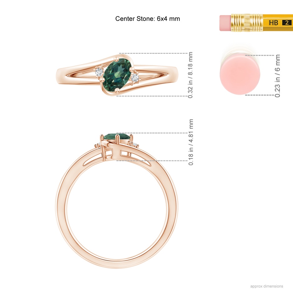 6x4mm AA Teal Montana Sapphire and Diamond Split Shank Ring in Rose Gold ruler