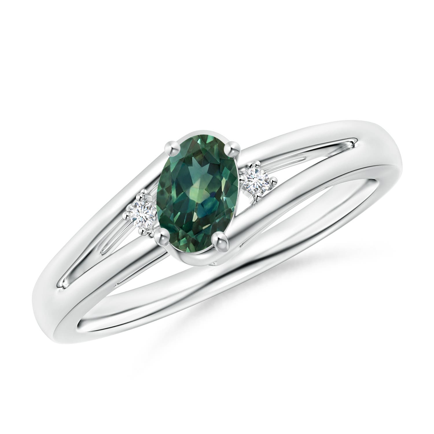 6x4mm AA Teal Montana Sapphire and Diamond Split Shank Ring in White Gold