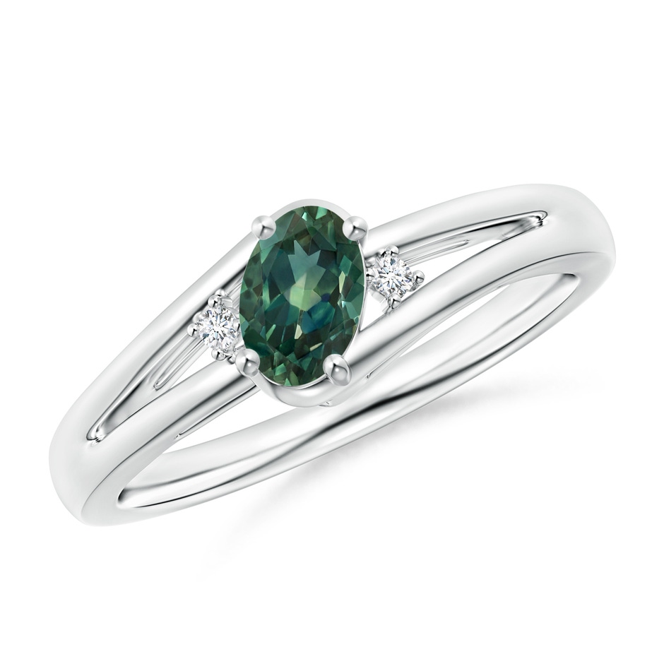 6x4mm AA Teal Montana Sapphire and Diamond Split Shank Ring in White Gold 
