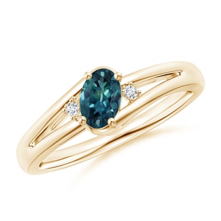 6x4mm AAA Teal Montana Sapphire and Diamond Split Shank Ring in Yellow Gold
