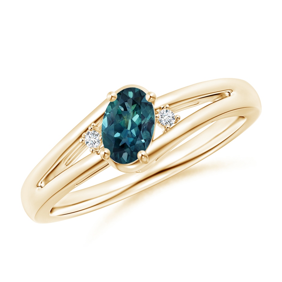 6x4mm AAA Teal Montana Sapphire and Diamond Split Shank Ring in Yellow Gold 