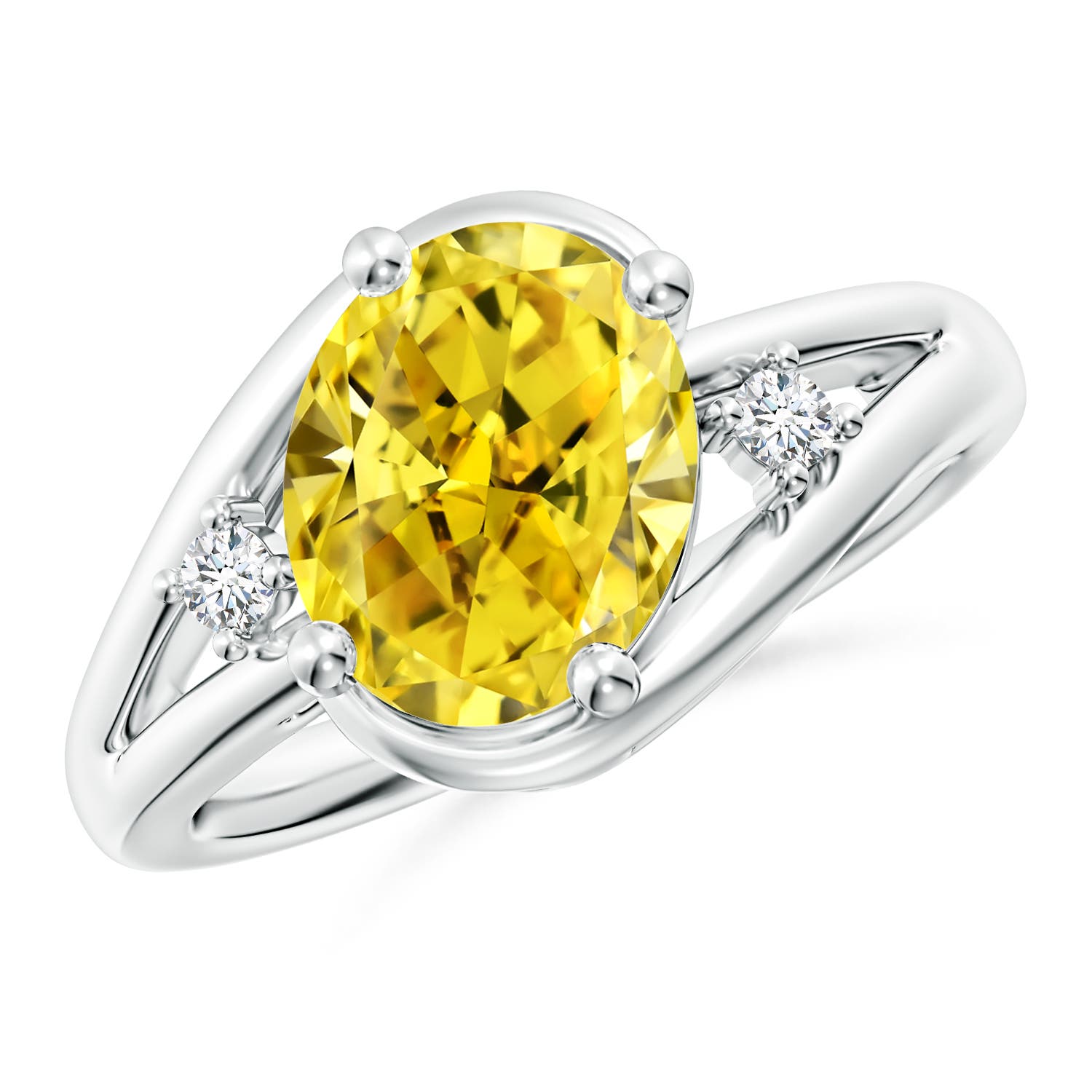 Angara 2.62 CTW Prong-Set Fancy Intense Yellow and White Diamond Split Shank Engagement Ring in 14K White Gold