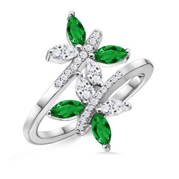 5x2.5mm AAA Emerald and Diamond Butterfly Bypass Ring in White Gold