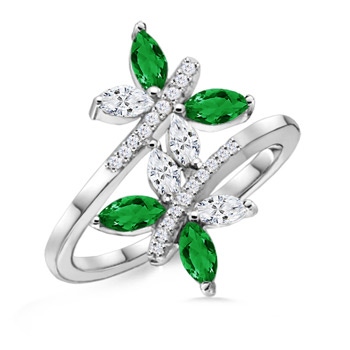 5x2.5mm AAA Emerald and Diamond Butterfly Bypass Ring in White Gold 