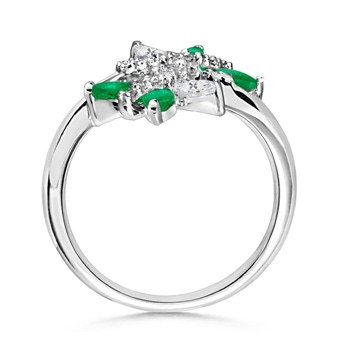 5x2.5mm AAA Emerald and Diamond Butterfly Bypass Ring in White Gold Product Image