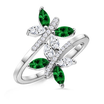 5x2.5mm AAAA Emerald and Diamond Butterfly Bypass Ring in White Gold 