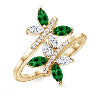 5x2.5mm AAAA Emerald and Diamond Butterfly Bypass Ring in Yellow Gold