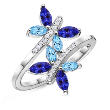5x2.5mm AAAA Aquamarine and Tanzanite Butterfly Bypass Ring in White Gold 