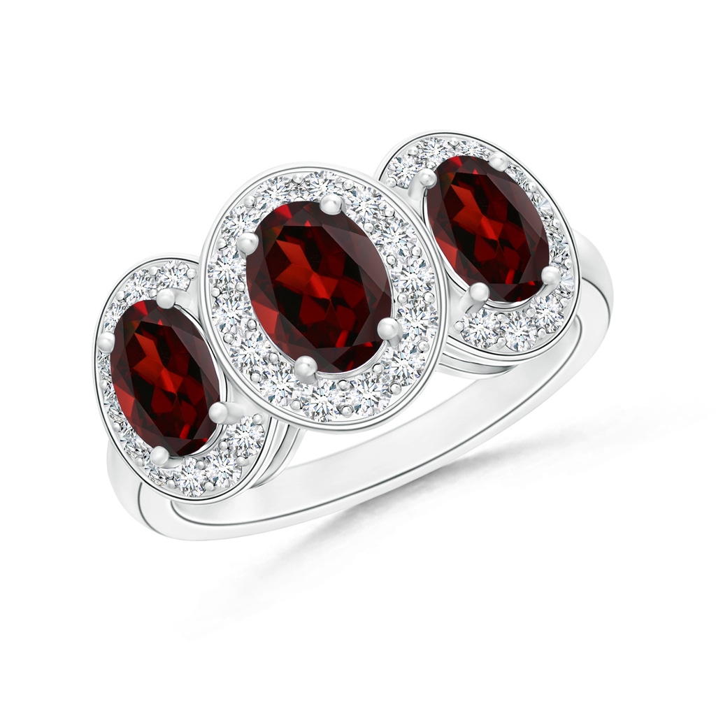 7x5mm AAA Classic Three Stone Garnet Ring with Diamond Halo in White Gold