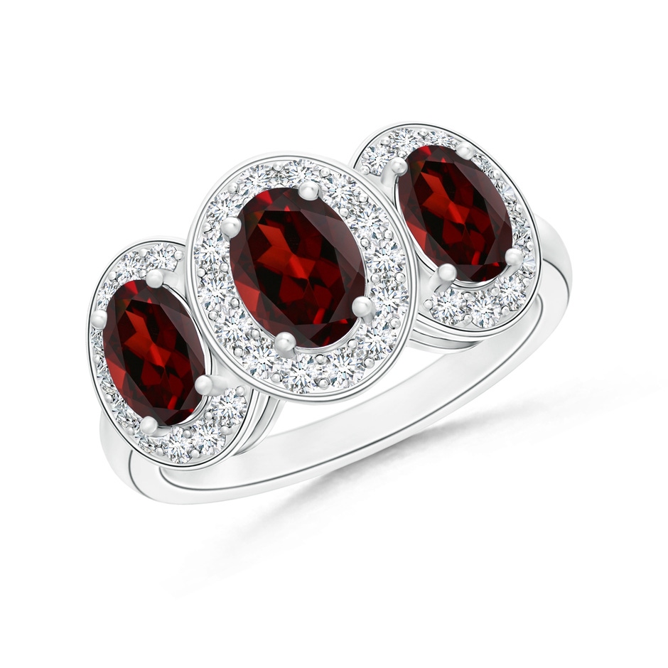 7x5mm AAA Classic Three Stone Garnet Ring with Diamond Halo in White Gold 