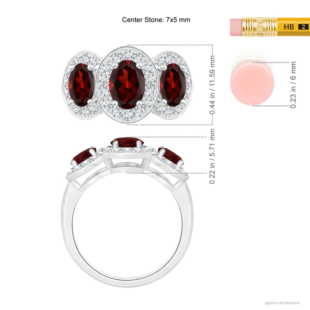 7x5mm AAA Classic Three Stone Garnet Ring with Diamond Halo in White Gold Ruler
