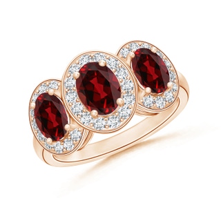 7x5mm AAAA Classic Three Stone Garnet Ring with Diamond Halo in Rose Gold