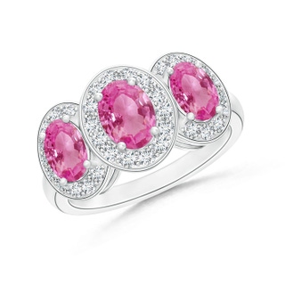 7x5mm AAA Classic Three Stone Pink Sapphire Ring with Diamond Halo in White Gold