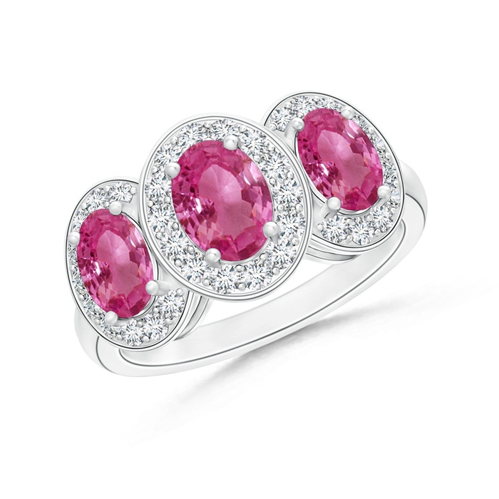 7x5mm AAAA Classic Three Stone Pink Sapphire Ring with Diamond Halo in White Gold