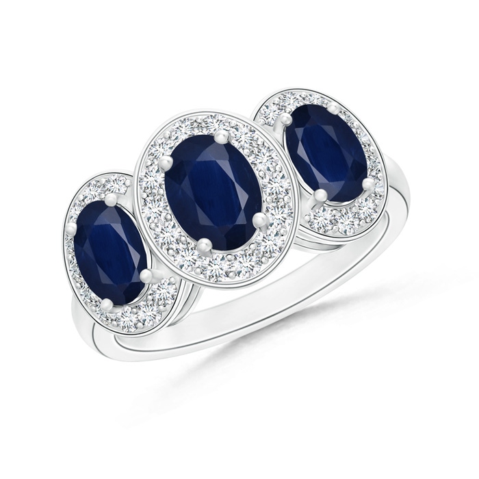 7x5mm A Classic Three Stone Blue Sapphire Ring with Diamond Halo in White Gold 